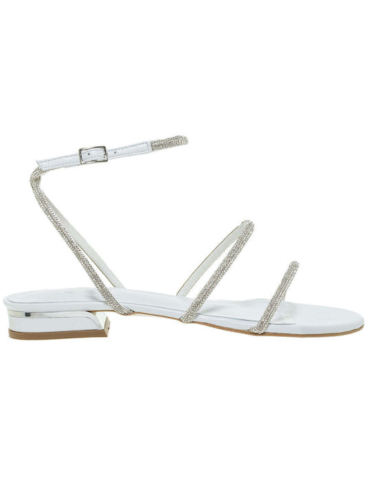 Mourtzi Leather Women's Flat Sandals with Strap in White Color