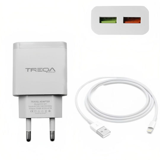 Treqa Ladegerät mit 2 USB-A Anschlüsse und Kabel Blitzschlag Weißs (CH-631-L)