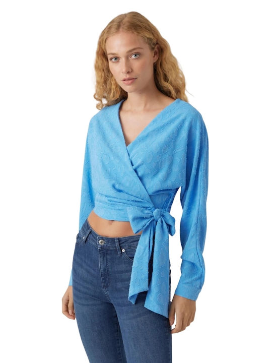 Vero Moda Damen Bluse Langärmelig mit V-Ausschnitt Azure Blue