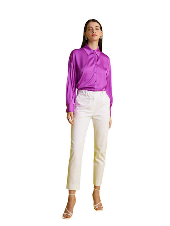MY T Women's High-waisted Cotton Trousers in Slim Fit Ecru