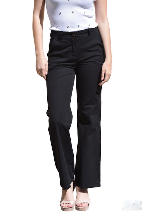 Cotton elastic high waist pants black with bell bottom