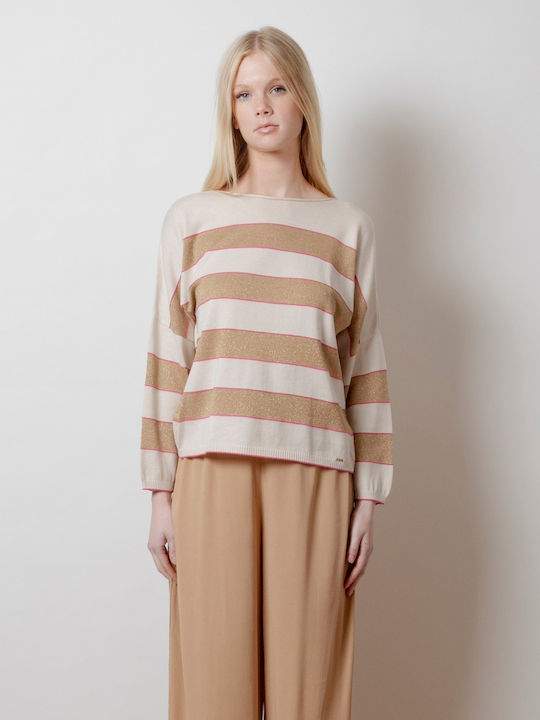 Damen Langarm Pullover Gestreift Beige