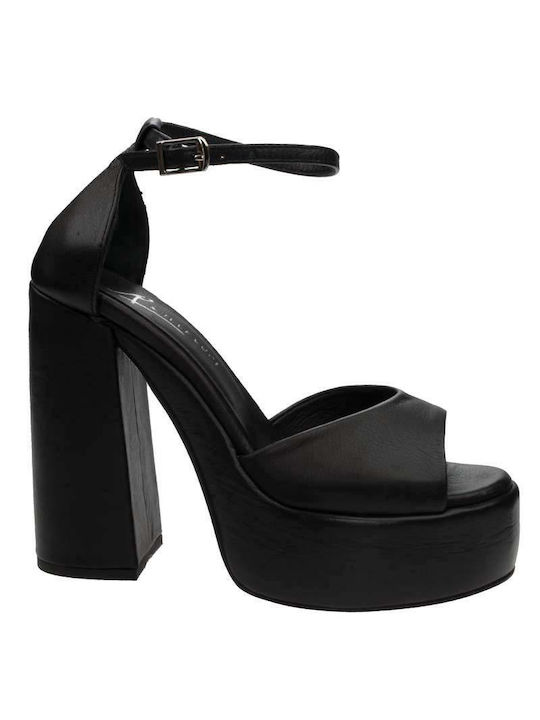Mille Luci Platform Leather Women's Sandals with Ankle Strap Black with Chunky High Heel