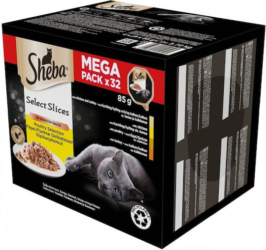 Sheba Select Slices Wet Cat Food For Adult Cats In Pouches With Turkey Chicken And Poultry Gluten Free 32x85gr