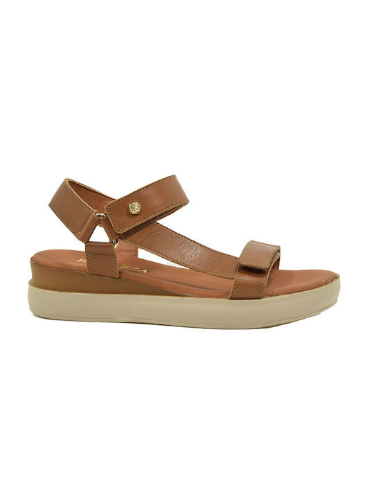 Ragazza 0418-Α Leather Women's Flat Sandals with Strap in Tabac Brown Color