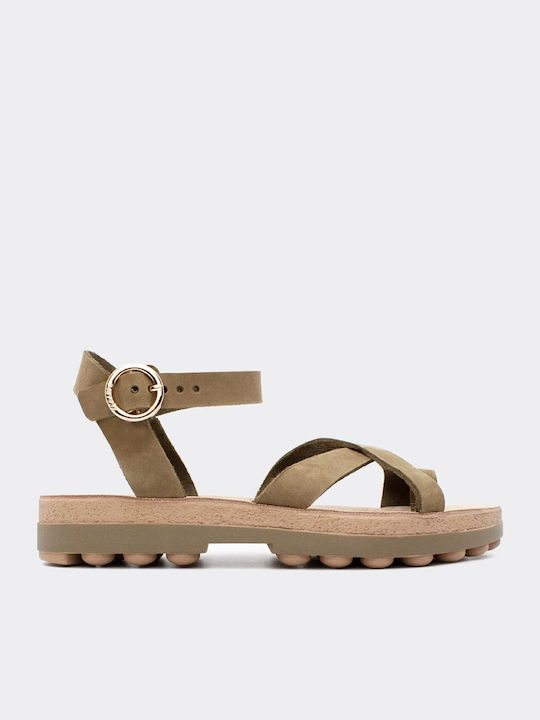 Fantasy Sandals Leder Damen Flache Sandalen mit Riemen in Khaki Farbe