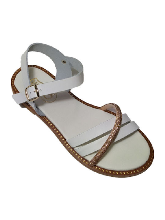 Leather Women's Flat Sandals with Strap in White Color