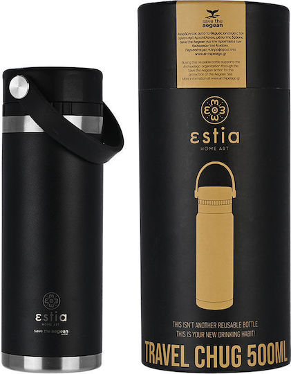 Estia Travel Chug Save The Aegean Recyclable Thermos Bottle Stainless Steel BPA Free 500ml Midnight Black