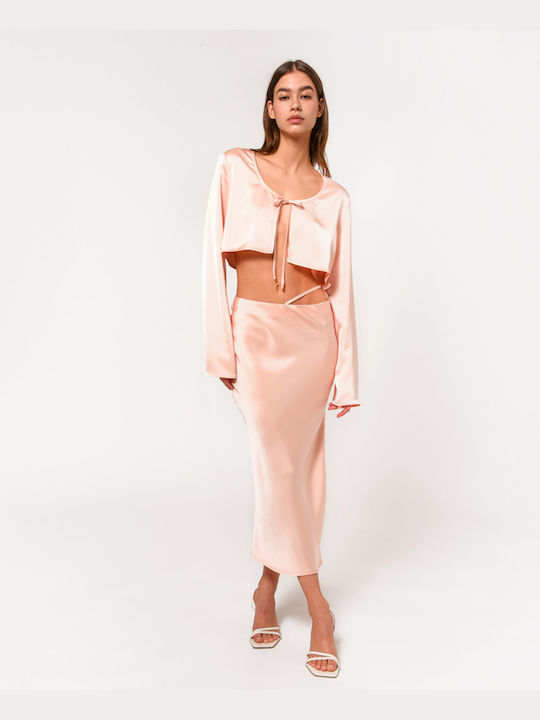 SunsetGo! Gwyneth Damen Sommer Crop Top Satin Langarm Rosa