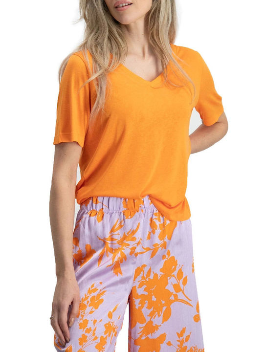 Only Women's T-shirt with V Neck Orange Peel