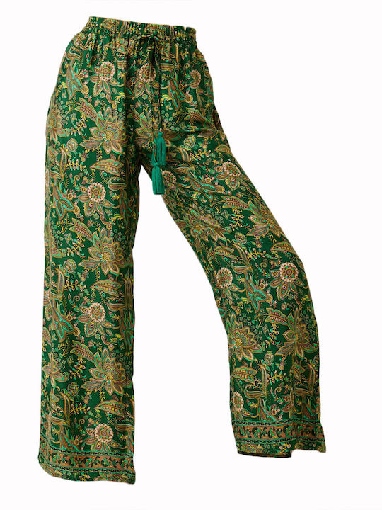 Fullah Sugah Women's High-waisted Cotton Trousers with Elastic Floral Green