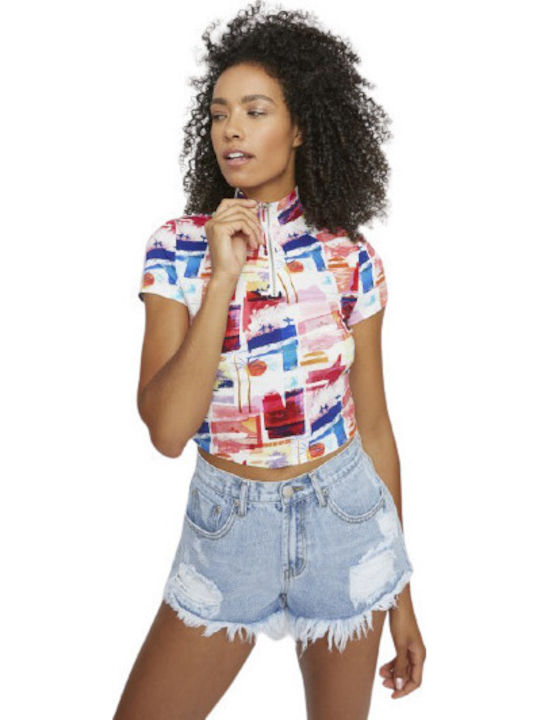 Women's Summer Crop Top Cotton Short Sleeve with Zipper Pink
