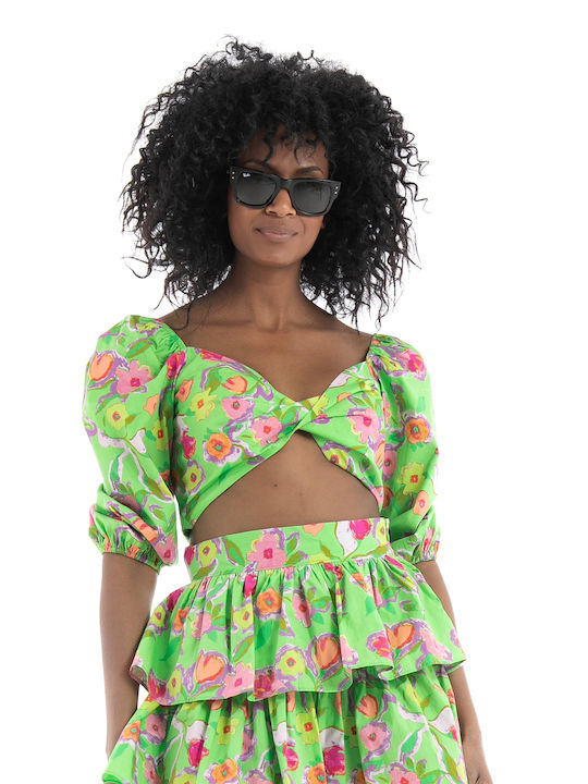 Glamorous Women's Summer Crop Top Short Sleeve Floral Green