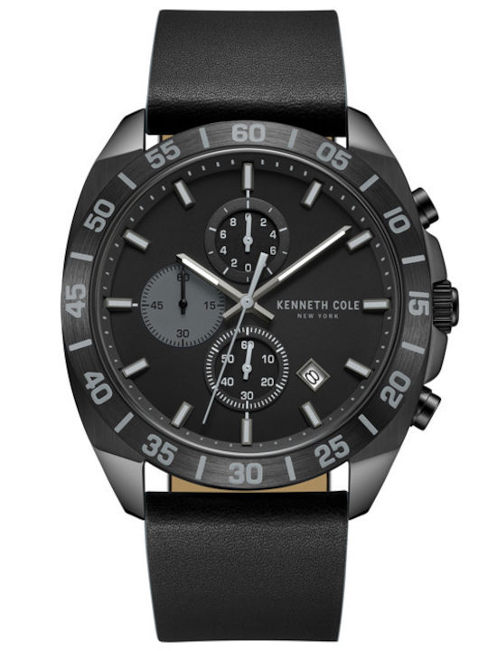 Kenneth Cole Ανδρικό Ρολόι 43mm Χρονογράφος Μπαταρίας με Μαύρο Δερμάτινο Λουράκι