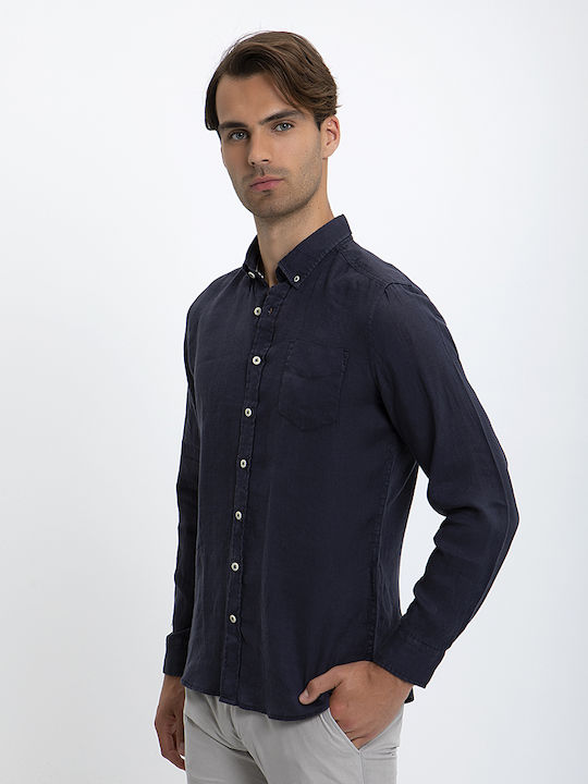 Πουκάμισο Λινό Button Down Slim Fit Commander Μπλέ Σκούρο