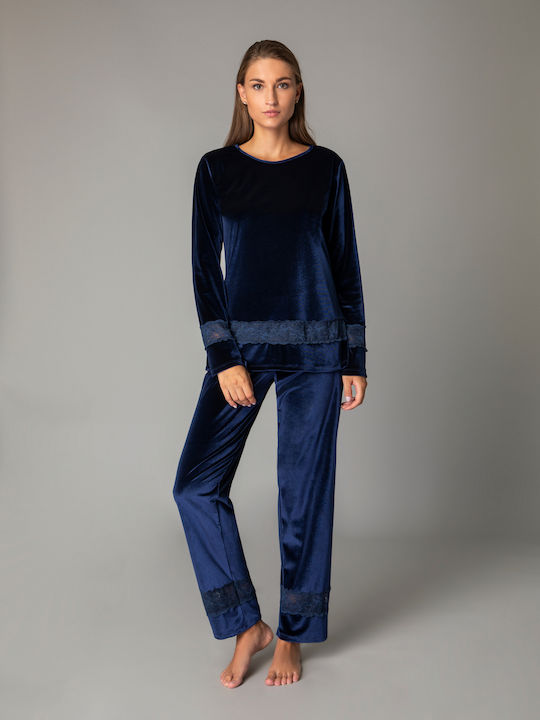 Milena by Paris Winter Velvet Women's Pyjama Pants Blue 9160