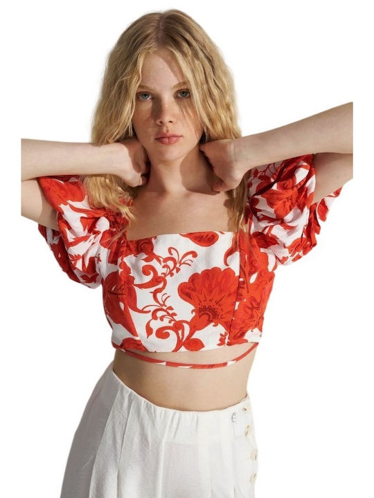 Ale - The Non Usual Casual Women's Summer Crop Top Short Sleeve Floral Orange