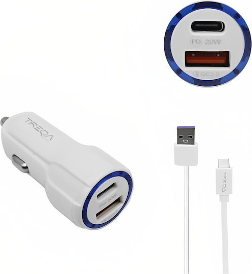 Treqa Treqa Autoladegerät 20W Schnellladen mit Anschlüssen 1xUSB 1xType-C Weiß Farbe