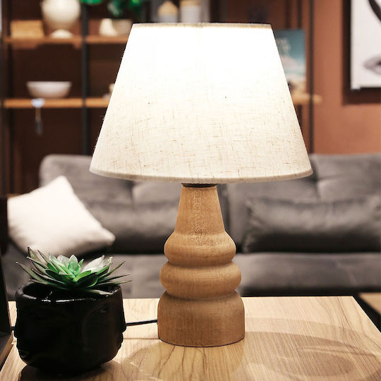 Megapap Lary Wood Table Lamp for Socket E27 with White Shade and Brown Base