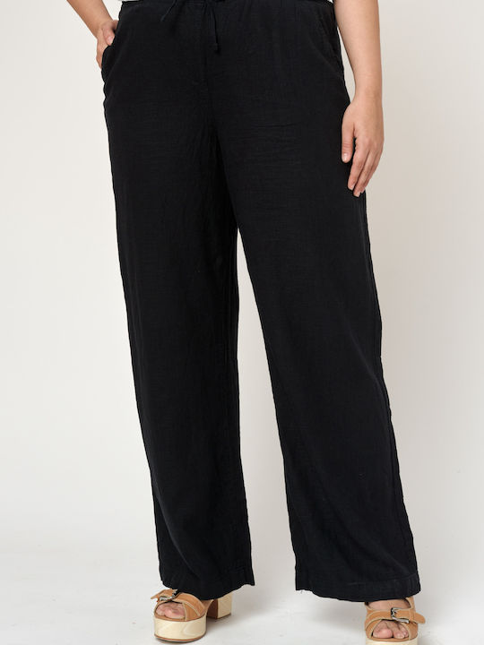 Jucita Women's Linen Trousers with Elastic in Straight Line Black
