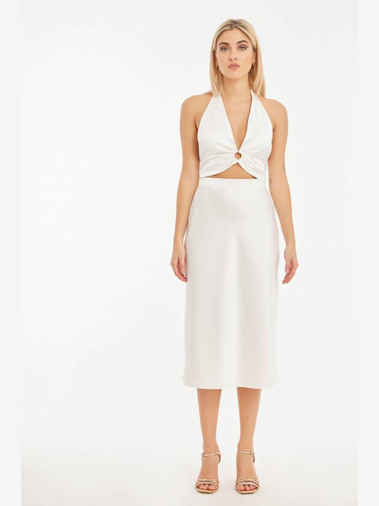 Mind Matter Satin High Waist Midi Skirt in White color