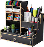 KONAMO - Wooden Desk Organizer Large Capacity | Pens Cabinet, with various compartments for office supplies - with Drawer | For desk, school supplies etc. (Black-1)