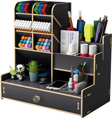 KONAMO - Wooden Desk Organizer Large Capacity | Pens Cabinet, mit verschiedenen Fächern für Büromaterialien - mit Schublade | Für Schreibtisch, Schulbedarf usw. (Schwarz-1)