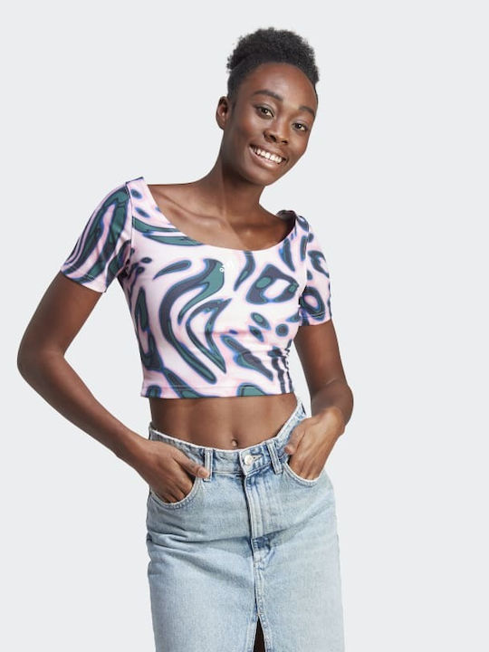 Adidas Crop Top Sportiv pentru Femei cu Mâneci Scurte Roz