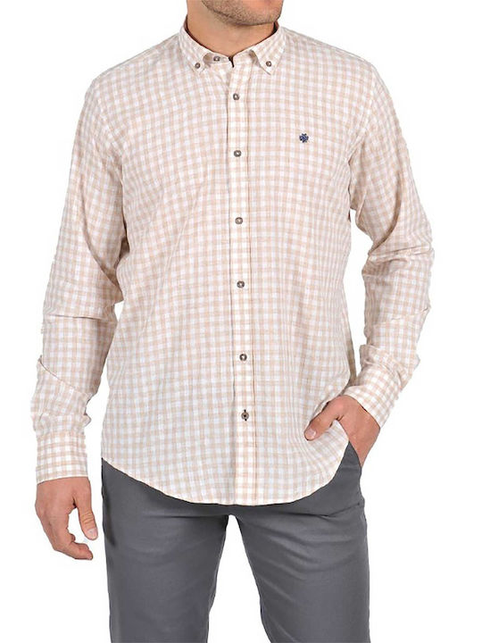 Dors Men's Shirt Long Sleeve Cotton Checked Beige