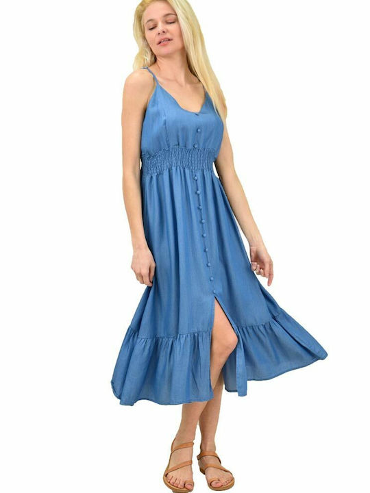 Potre Sommer Midi Hemdkleid Kleid mit Rüschen Blau