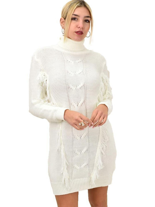 Potre All Day Long Sleeve Knitted Mini Dress with Turtleneck White