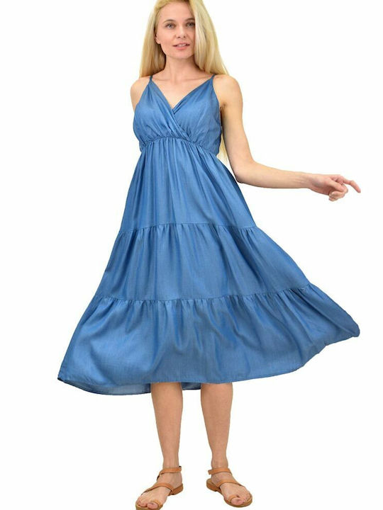 Potre Καλοκαιρινό Midi Φόρεμα Κρουαζέ με Βολάν Μπλε