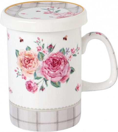 Karvounis Floral Paris Roses Cană din Porțelan cu Capac Albă