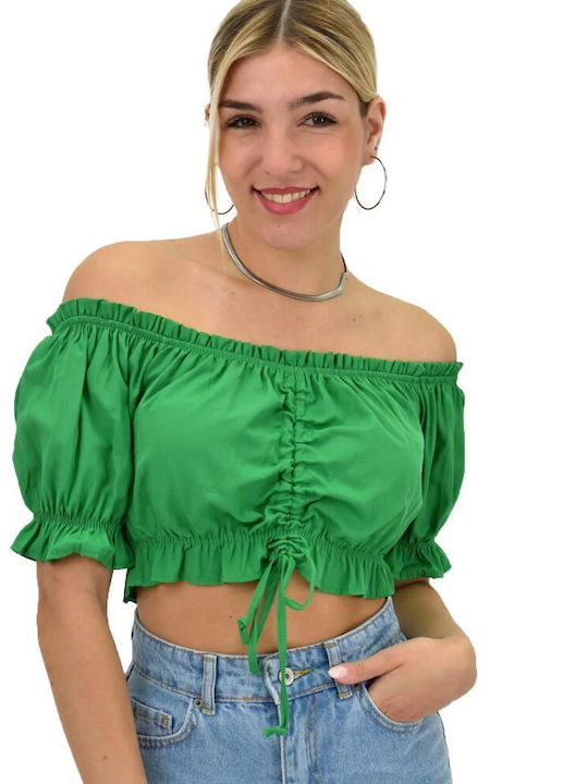 Potre Damen Sommer Crop Top Schulterfrei Kurzarm Grün