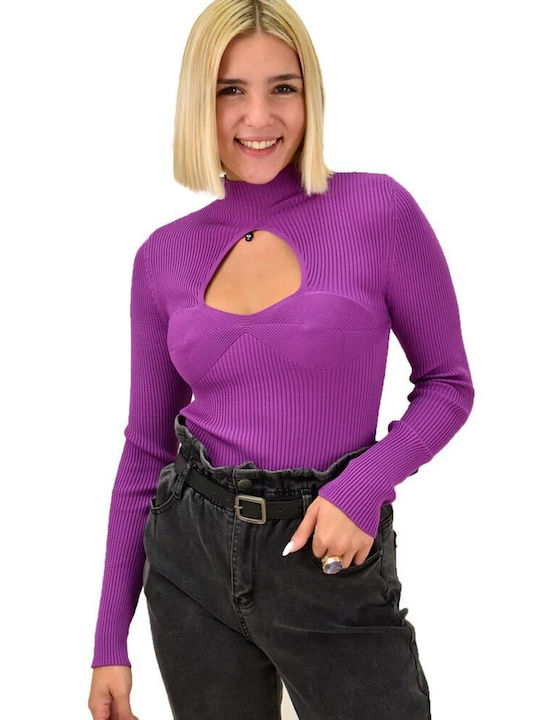 Potre Damen Crop Top Rollkragenpullover Langarm Lila