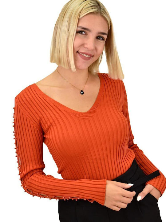 Potre Damen Bluse Langärmelig mit V-Ausschnitt Orange