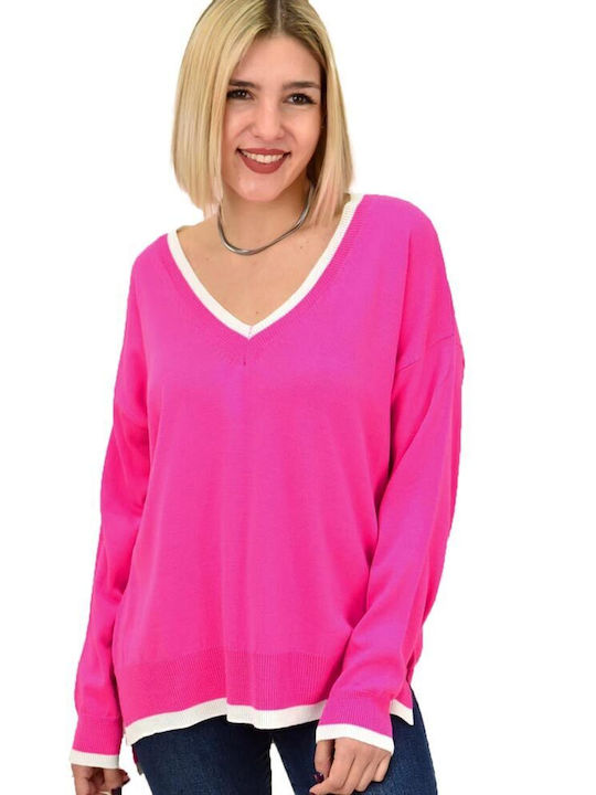 Potre Women's Long Sleeve Sweater with V Neckline Fuchsia