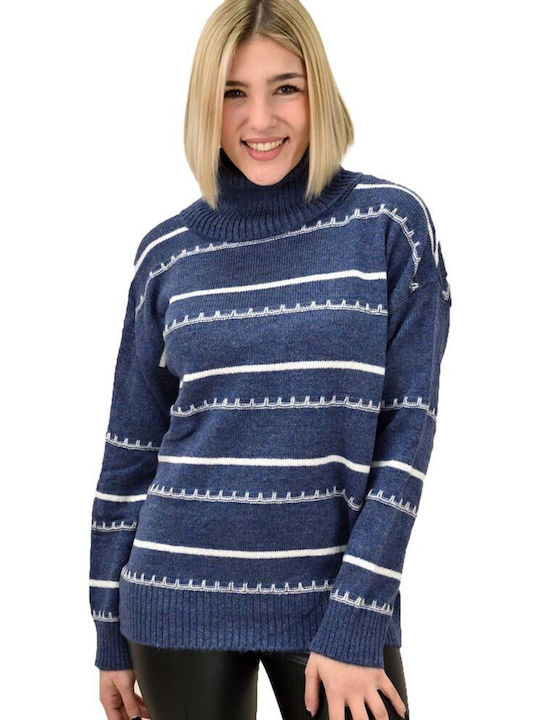 Potre Damen Langarm Pullover Rollkragen Gestreift Blau