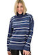 Potre Damen Langarm Pullover Rollkragen Gestreift Blau