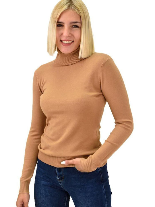 Potre Women's Long Sleeve Sweater Turtleneck Brown