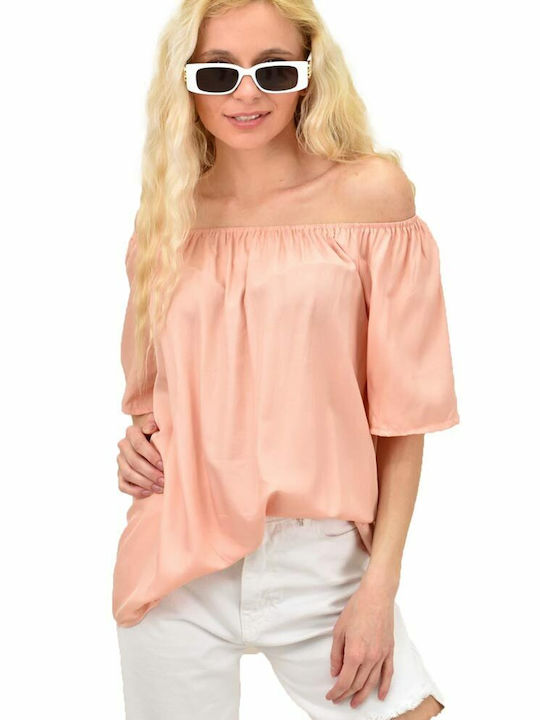 Potre Women's Summer Blouse Cotton Off-Shoulder Short Sleeve Pink