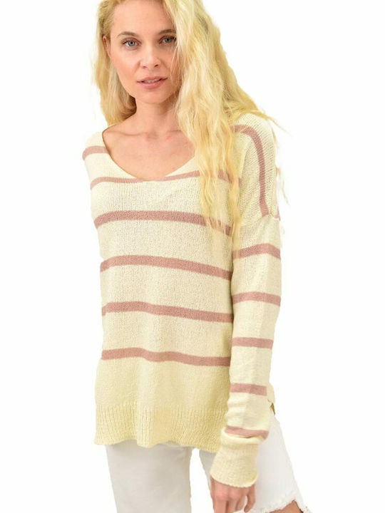 Potre Women's Blouse Long Sleeve with V Neckline Striped Pink
