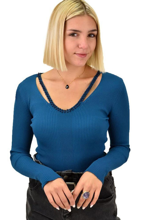 Potre Damen Bluse Langärmelig mit V-Ausschnitt Blau