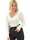 Potre Women's Crop Top Long Sleeve with V Neckline Beige