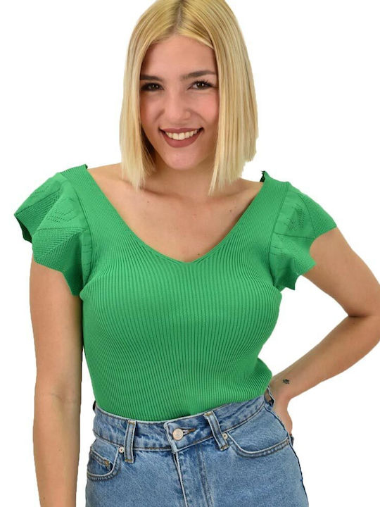 Potre Damen Sommer Bluse Kurzärmelig mit V-Ausschnitt Grün