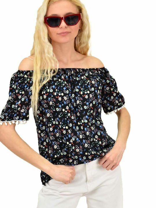 Potre Damen Sommer Bluse Baumwolle Schulterfrei Kurzärmelig Blumen Schwarz