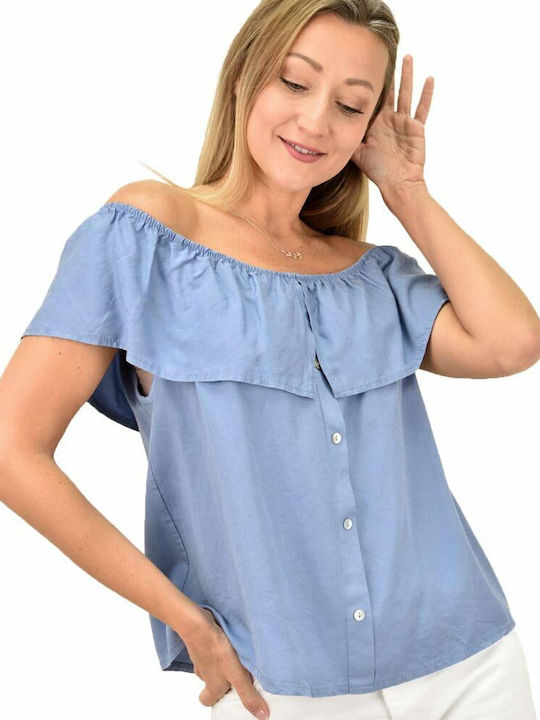Potre Women's Summer Blouse Off-Shoulder Short Sleeve Light Blue