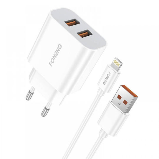 Foneng Încărcător cu 2 Porturi USB-A și Cablu Lightning Albς (EU45)