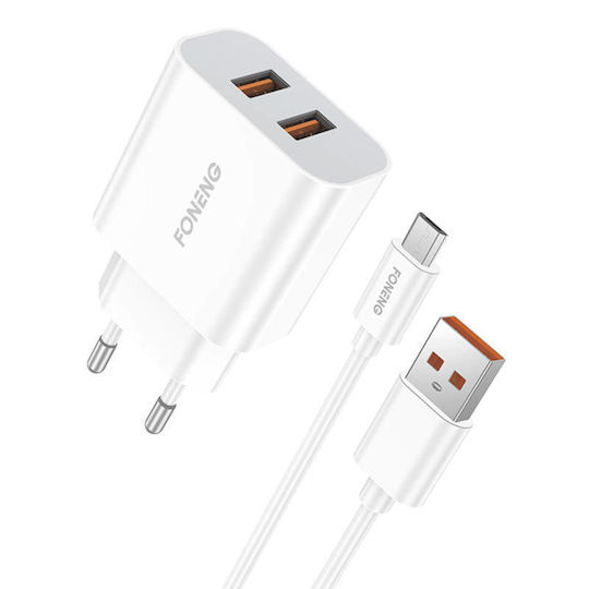 Foneng Ladegerät mit 2 USB-A Anschlüsse und Kabel Micro-USB Weißs (EU45)
