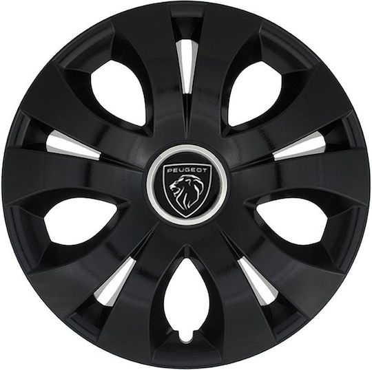 Jestic Car Hubcap Set with Peugeot Emblem 16" 4pcs Black /Black